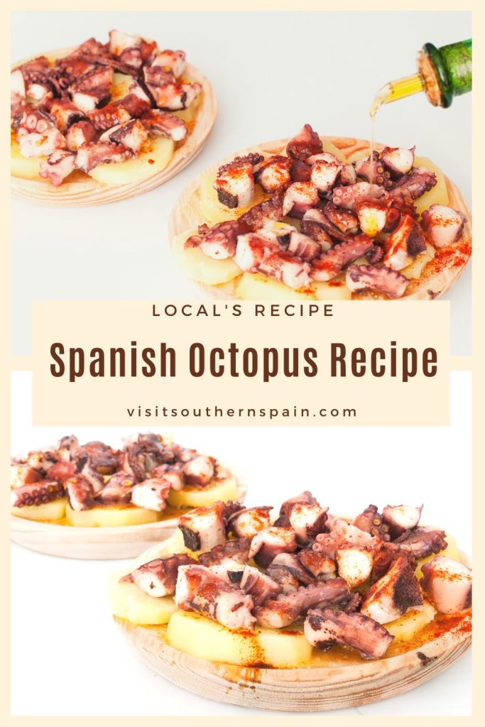 2 photos of Spanish octopus on wooden plates. In the middle it's written Spanish octopus recipe.