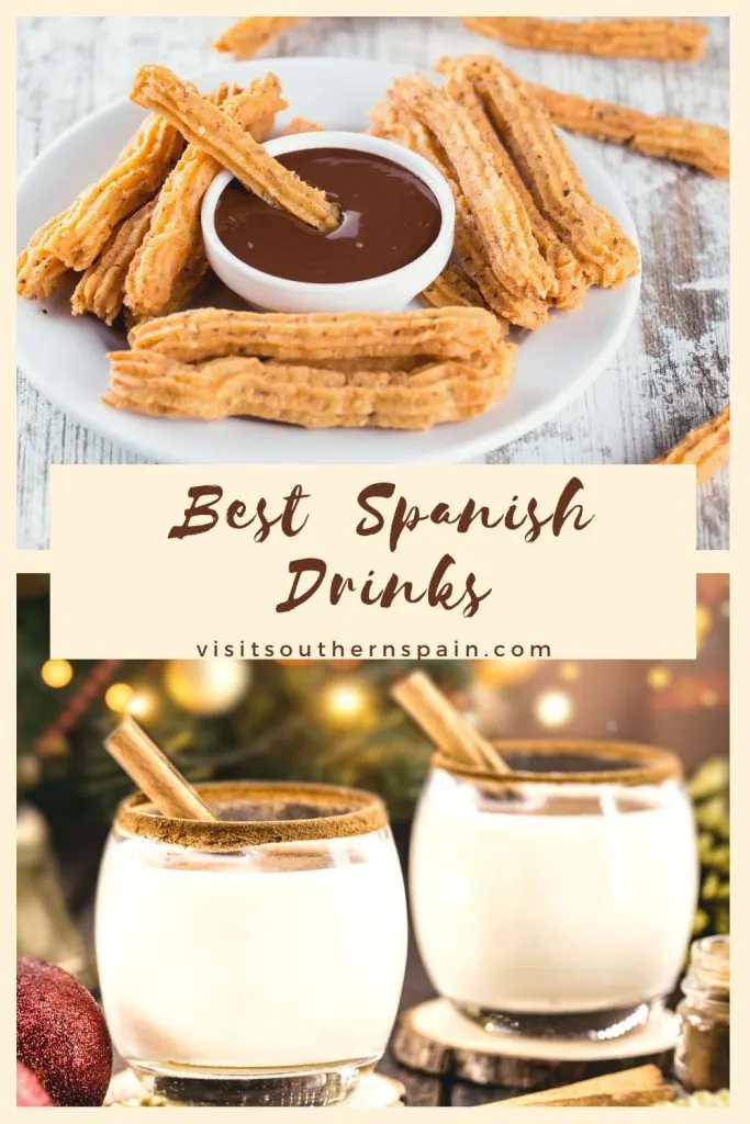 On top one photo with churros and hot chocolate and an the bottom 2 glasses of coconut Spanish cocktail. In the middle it's written Best Spanish Drinks.