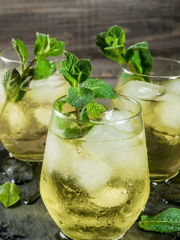 3 glasses of rebujito, a spanish cocktail with sherry wine and lemon soda topped with mint leaves