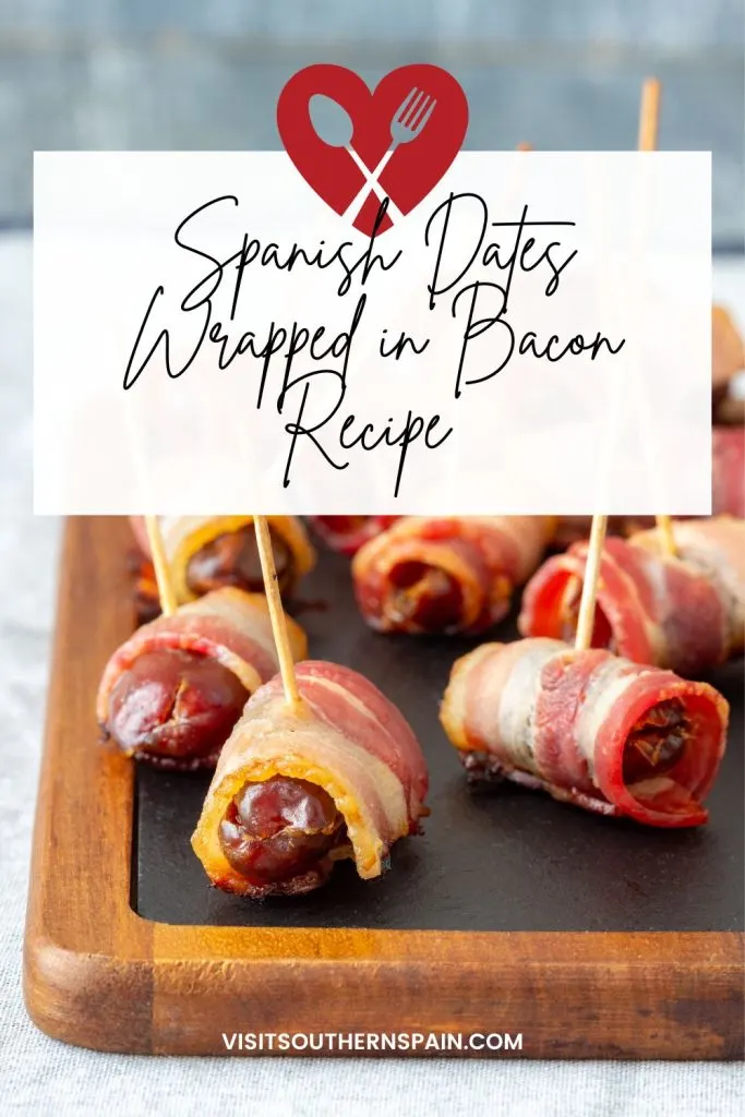 dates wrapped in bacon a black plate and on top of it it's written Spanish dates wrapped in bacon recipe,