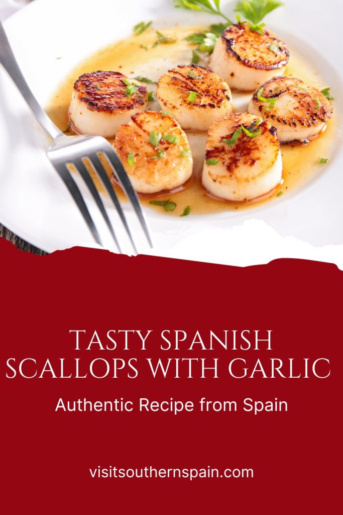 closeup with garlic scallops on a white plate. Under it it's written tasty Spanish scallops with garlic.