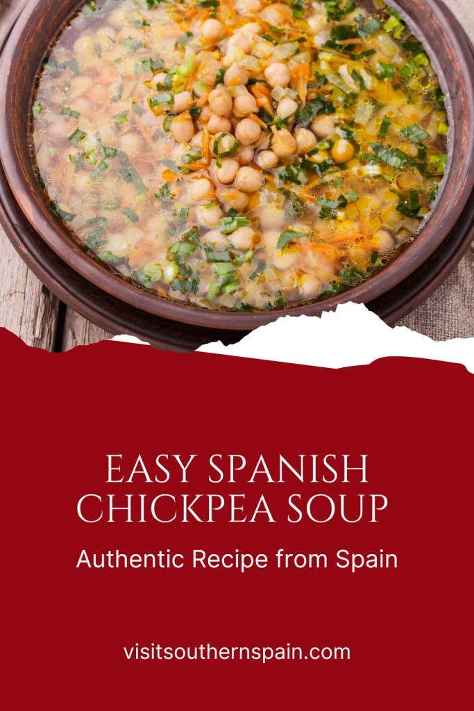closeup with chickpea soup in bowl. Under it it's written Easy Spanish chickpea soup.