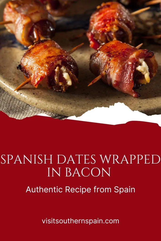 closeup with dates wrapped in bacon and under it it's written Spanish dates wrapped in bacon.