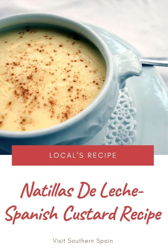 closeup with natillas de leche. Under the photo it's written Natillas de leche-Spanish custard recipe.