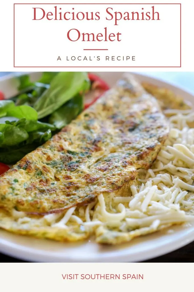 Cheese omelet on a plate with salad. On top it's written Delicious Spanish omelet. 
