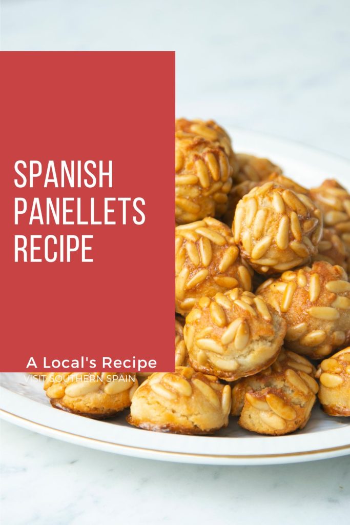 panellets on a white plate. Next to it it's written Spanish panellets recipe.