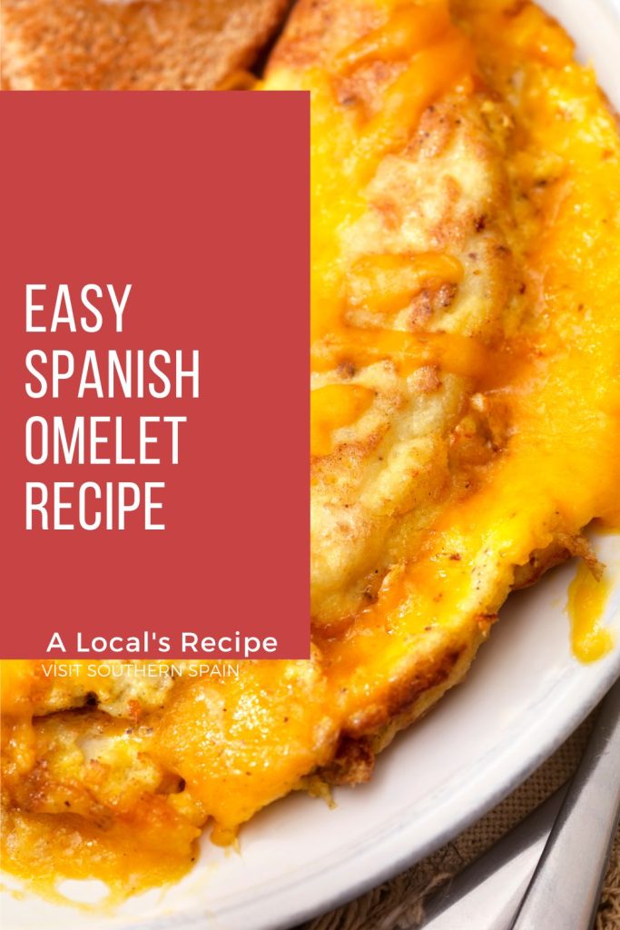 closeup with omelet with cheese on a plate. On the left side it's written Easy Spanish omelet recipe.