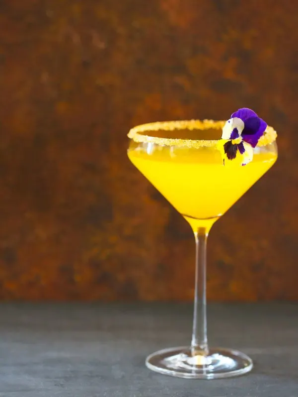 Agua de Valencia drink in a tall glass decorated with a pansy. 30 Most Famous Spanish Drinks