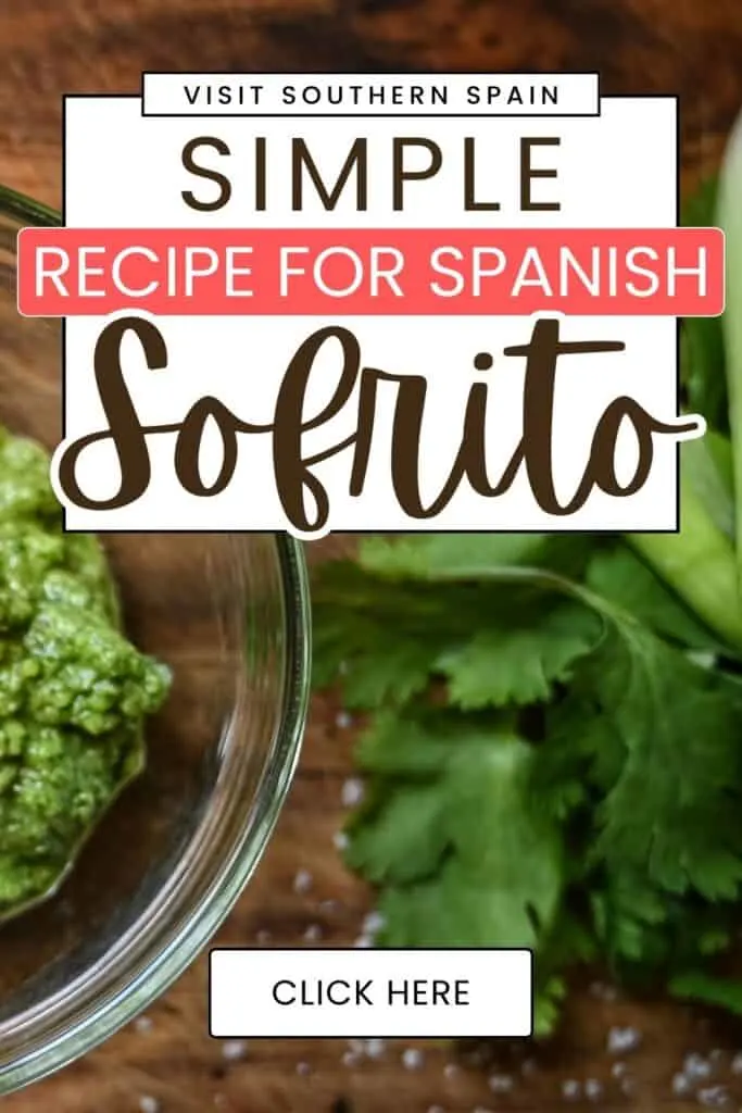 The picture shows a small bowl with sofrito and beside it on the board is a green herb.