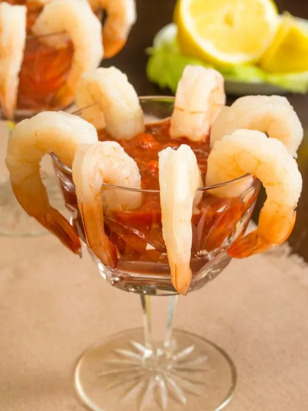Spanish shrimp cocktail in a glass.