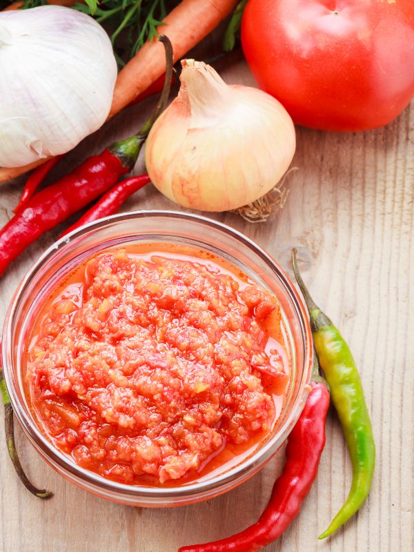 Spanish sofrito recipe in a glass bowl with tomato, onion, garlic next to it