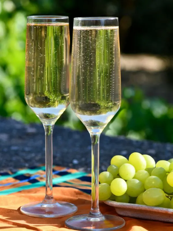 Spanish sparkling cava wine in 2 glasses with grapes next to them. 30 Most Famous Spanish Drinks