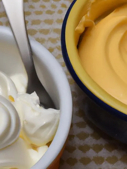 a bowl of whipped cream, next to a bowl of vanilla custard for the Spanish custard dessert