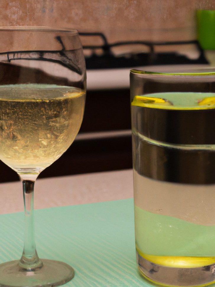 a glass of white wine and a glass of Sprite on a kitchen table for rebujito.