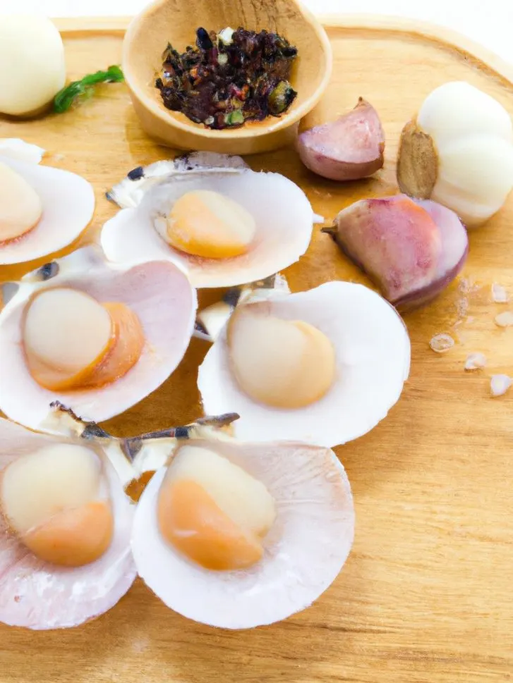 fresh scallops and garlic cloves on a wooden table for spanish scallops