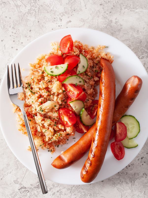 keto spanish rice on a white plate, with 2 sausages and tomatoes and cucumbers.
