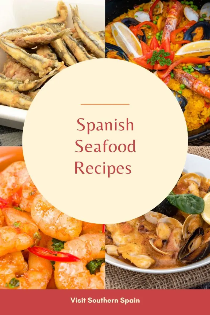 4 photos with seafood recipes from Spain. In the middle it's written Spanish Seafood recipes.
