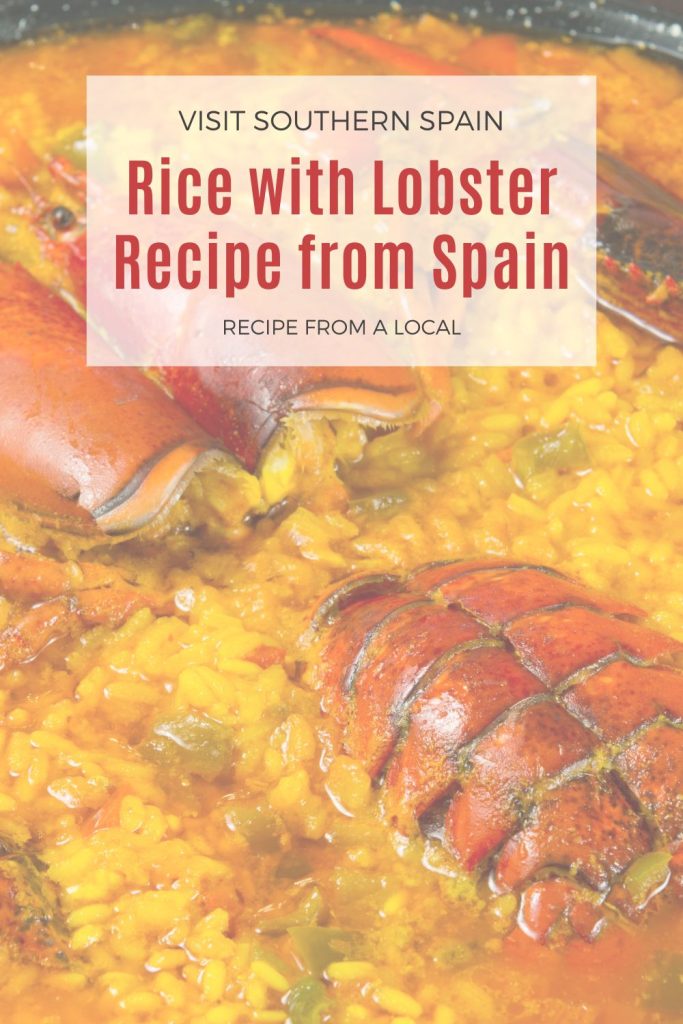 closeup with rice with lobster. On top it's written Rice with lobster recipe from Spain.