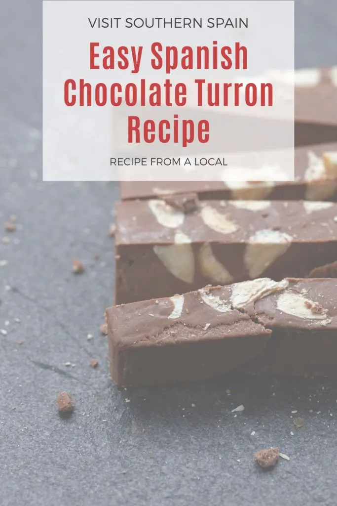 chocolate turron bars on a black surface. On top it's written easy Spanish Chocolate turron recipe.