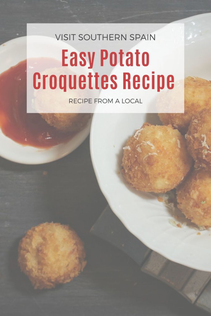 potato croquettes served in a white plate with red sauce. On top it's written Easy potato croquettes recipe.