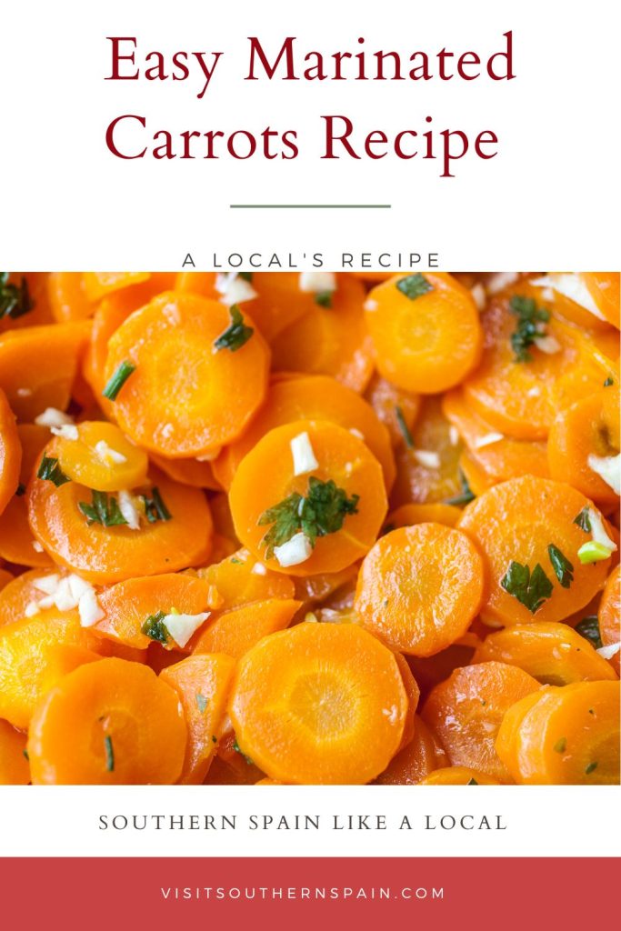 closeup with marinated carrots. On top it's written Easy marinated carrots recipe. 