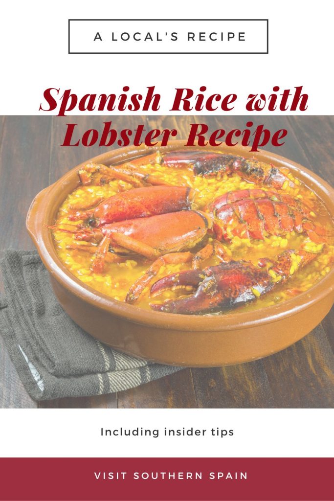 Rice with lobster in a clay pot on a wooden table. On top it's written Spanish rice with lobster recipe.
