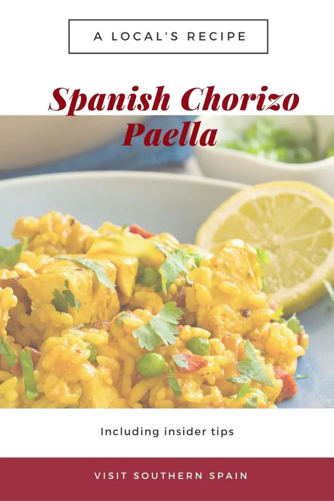 closeup with chorizo paella in a white bowl. On top it's written Spanish Chorizo paella.