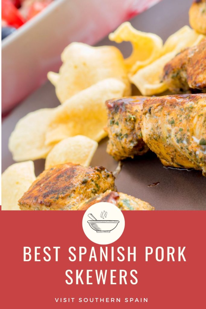 closeup with marinated pork skewers. Under it it's written Best Spanish pork skewers. 