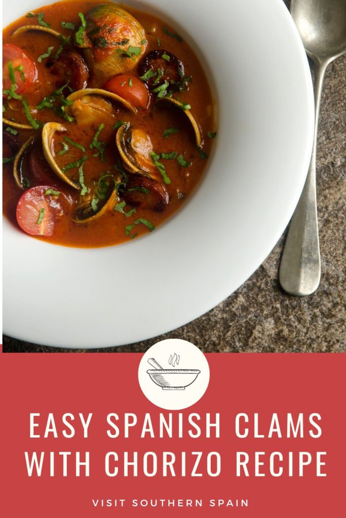 a bowl with clams and chorizo. Under the photo it's written easy Spanish clams with chorizo recipe.