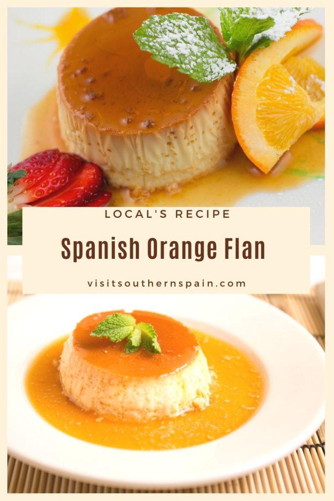2 photos with orange flan and in the middle it's written Spanish orange flan.