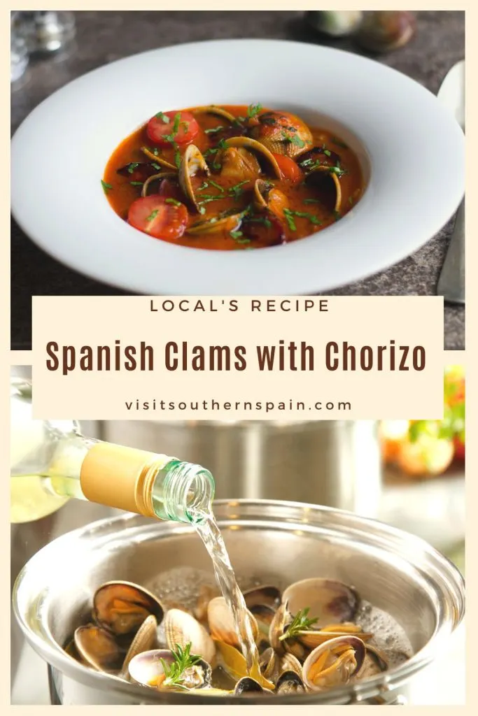 2 photos with clams with chorizo. In the middle it's written Spanish clams with chorizo. 