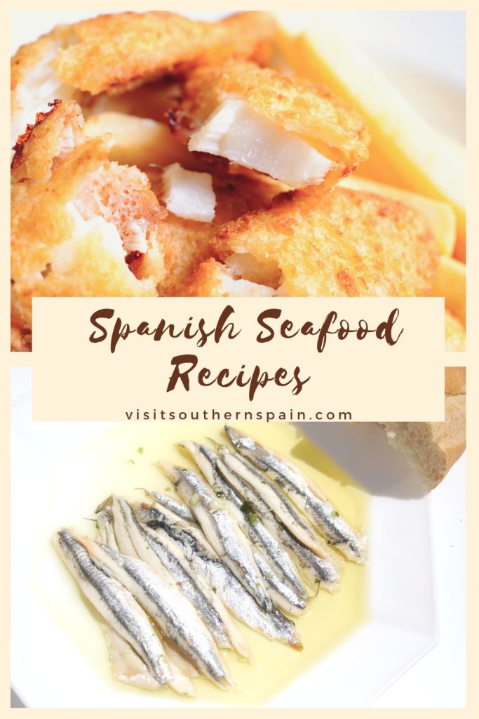 2 photos with seafood recipes and in the middle it's written Spanish Seafood recipes. 