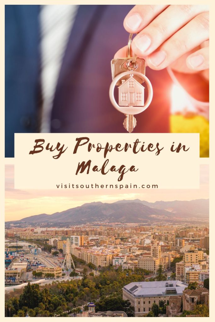 1 photo on top with a man handing a house key. Under it an aerial photo of Malaga. In the middle it's written Buy properties in Malaga.