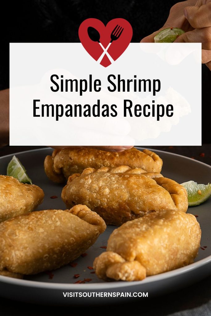shrimp empanadas on a plate. On top it's written Simple Shrimp empanadas recipe.