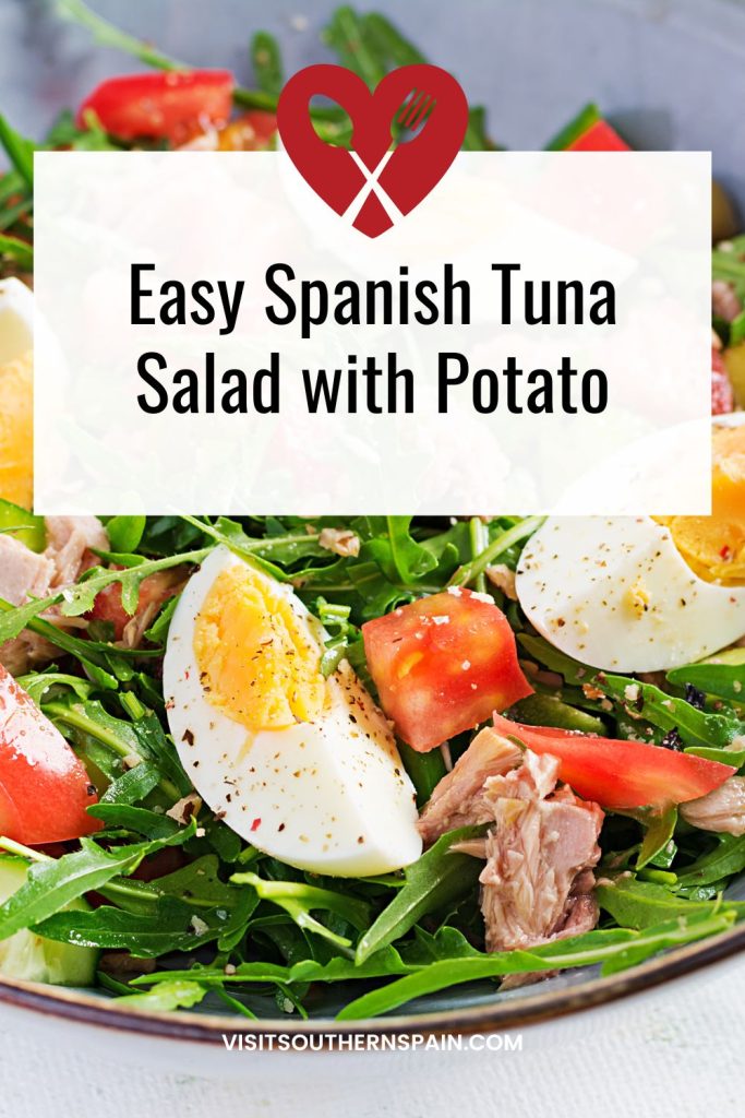 closeup with tuna salad with eggs. On top it's written Easy Spanish Tuna salad with potato.