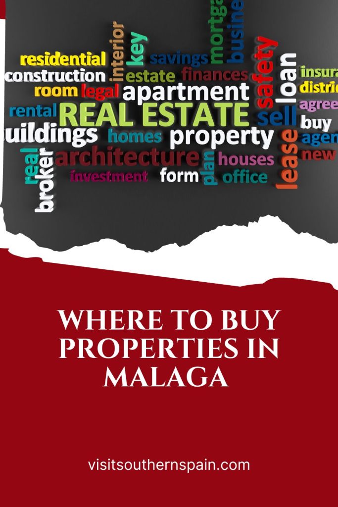 different words related to real estate on a black surface. Under it it's written Where to buy properties in Malaga.
