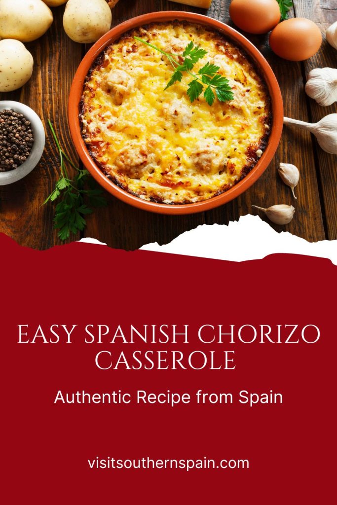 chorizo casserole in a clay pot on a wooden table. Under it's written Easy Spanish chorizo casserole.