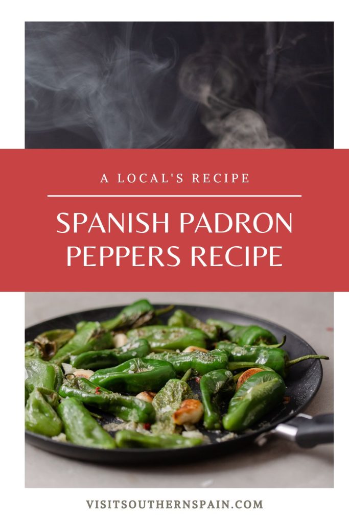 a plate with padron peppers and on top it's written Spanish padron peppers recipe
