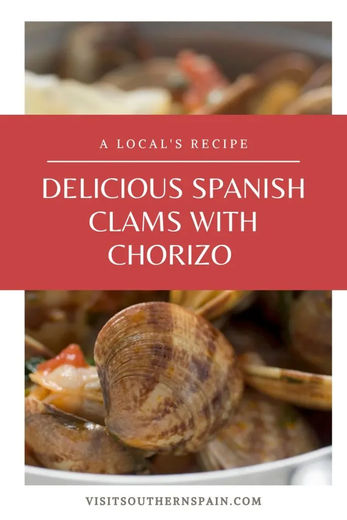 closeup with clams and chorizo. On top it's written Delicious Spanish clams and chorizo.