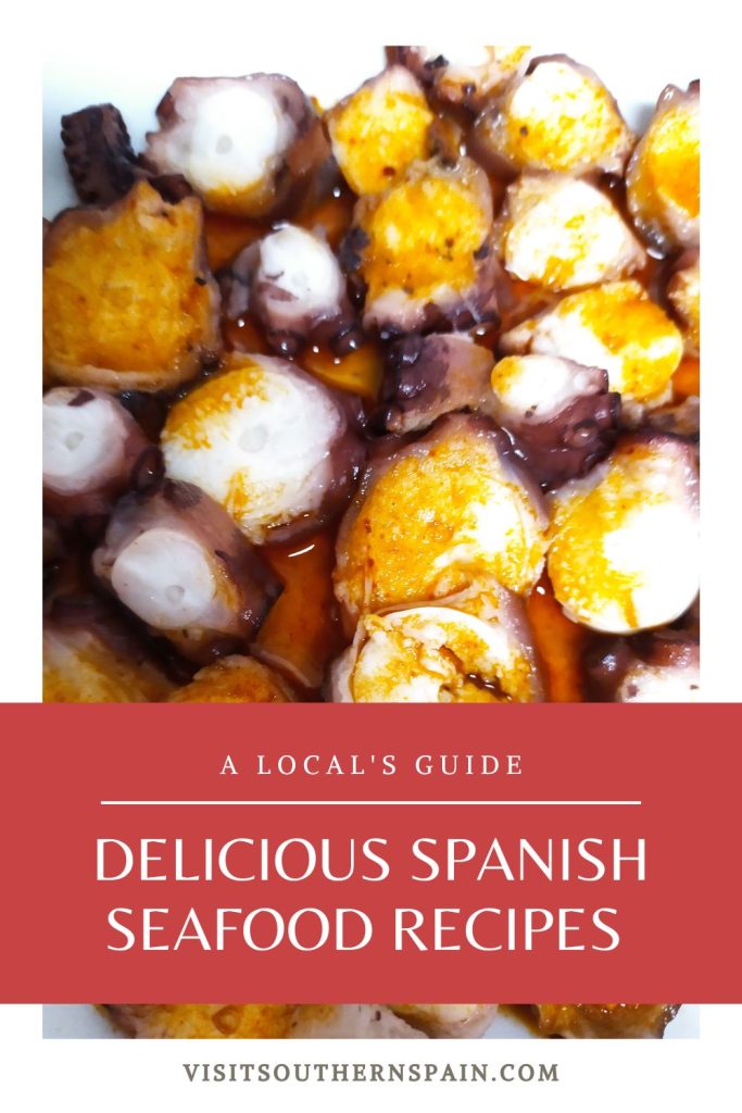 closeup with Spanish octopus recipe. Under it's written Delicious Spanish Seafood recipes.
