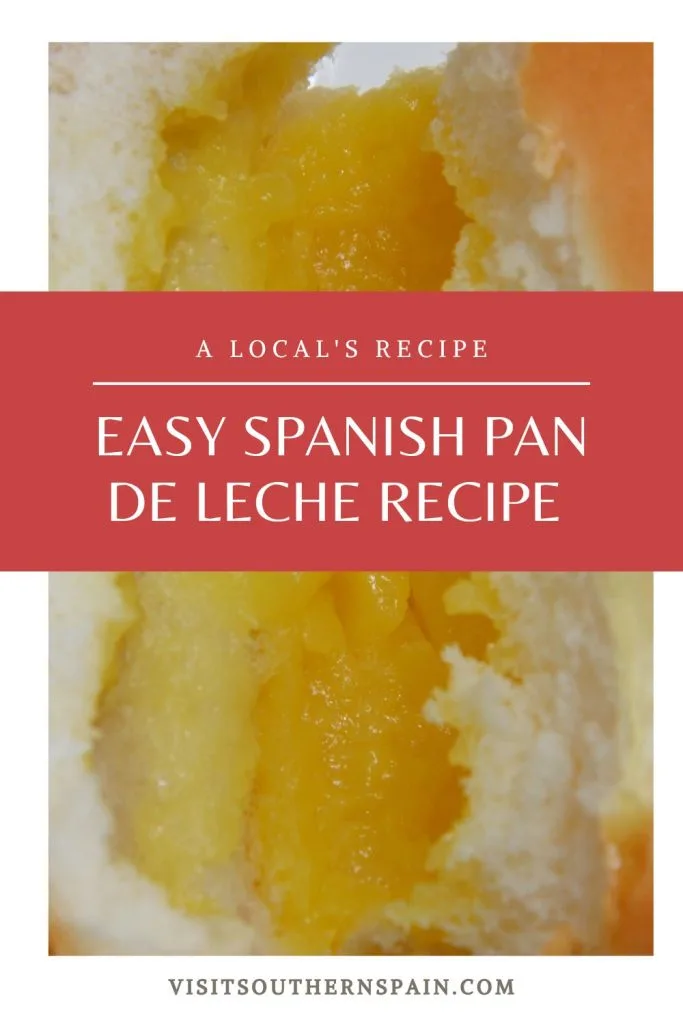 closeup with pan de leche with custard. On top it's written Easy Spanish pan de leche recipe. 