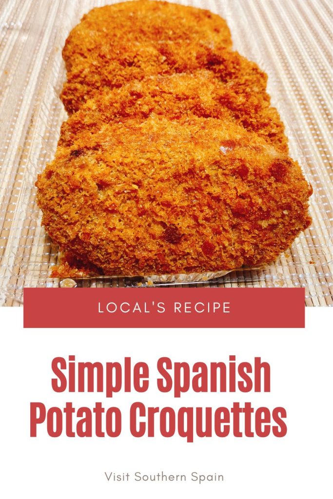 closeup with potato croquettes. Under it it's written Simple Spanish potato croquettes. 