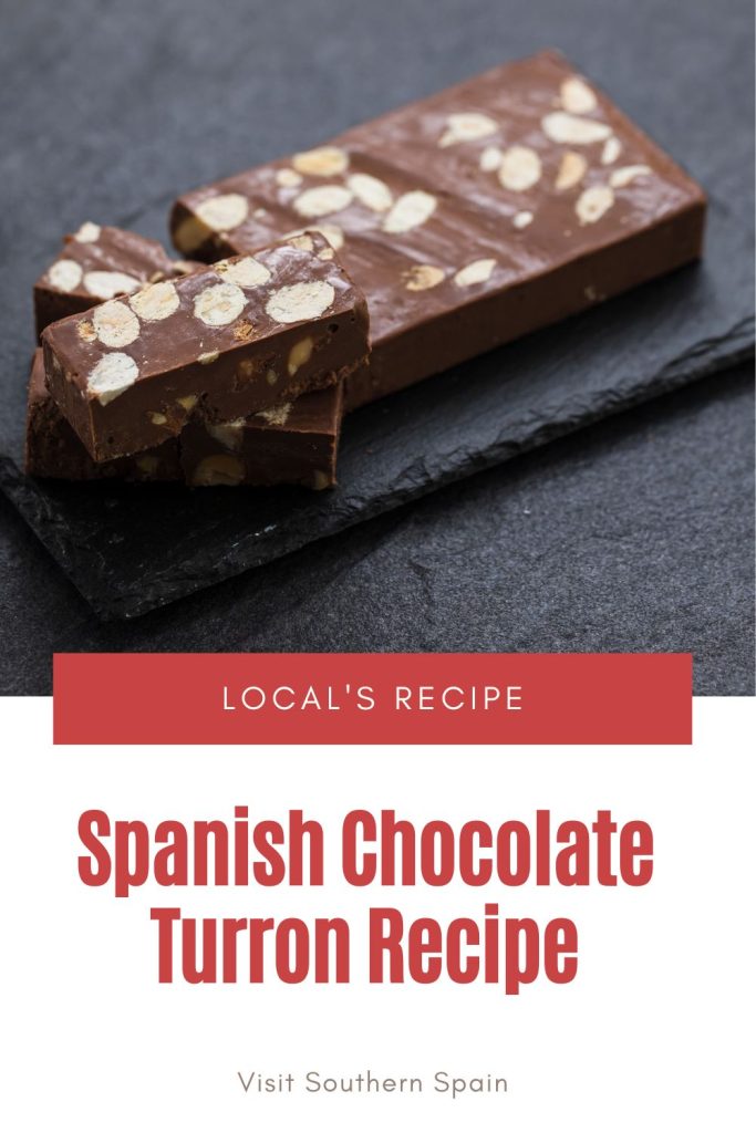 chocolate turron on a black plate. Under it's written Spanish Chocolate turron recipe.