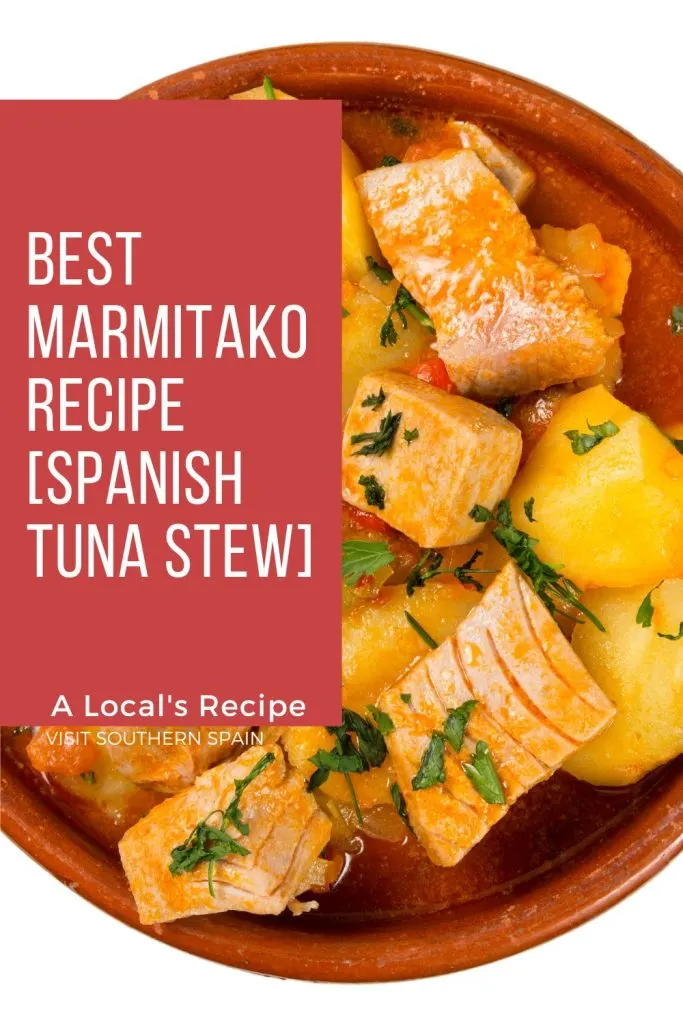 closeup with marmitako. On the left side it's written Best Marmitako recipe [Spanish tuna stew]
