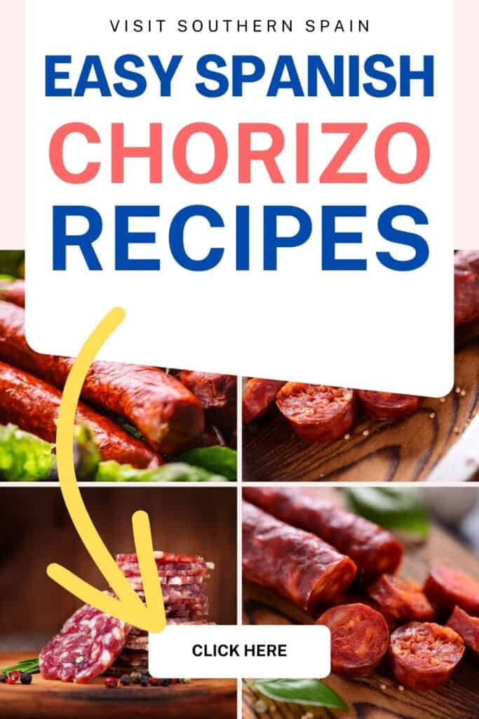 Four photos of chorizo that are chopped and sliced. One photo has all slices of chorize and stacked on each other.