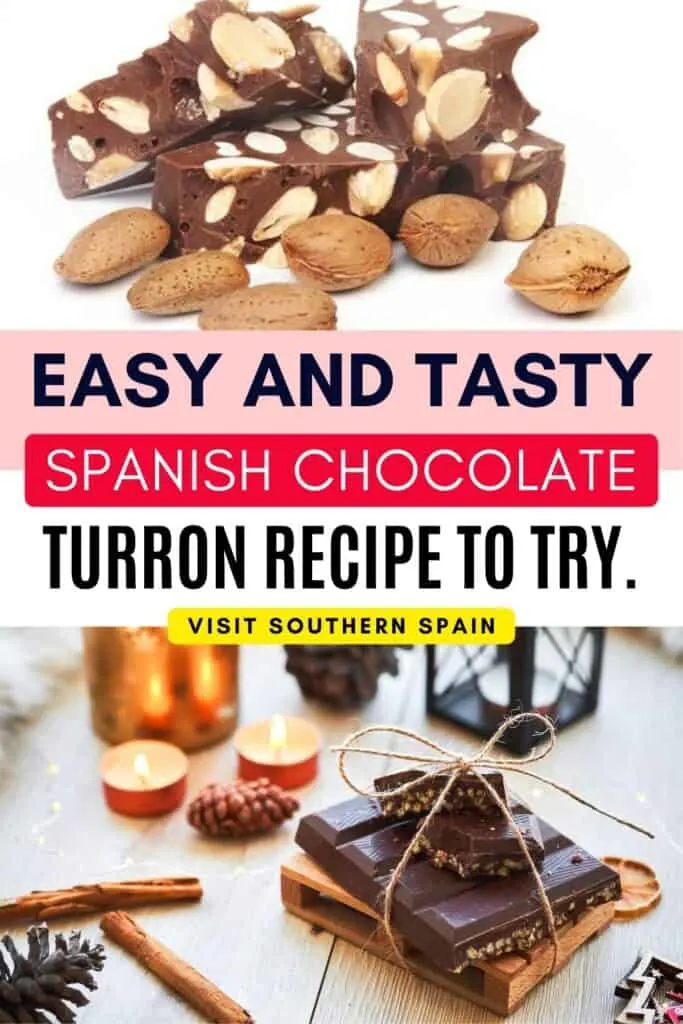 Top photo has nuts in its raw form and slices of chocolate turron. Bottom is a flatlay of a tied up turron with some elements of the holiday, acorn, candles, and cinnamon barks.