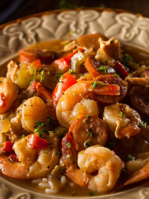 Spanish Chorizo and Shrimp in a white plate