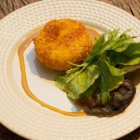 Spanish fried goad cheese with honey sauce and salad on a white plate.