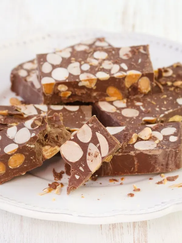chocolate turron on a white plate