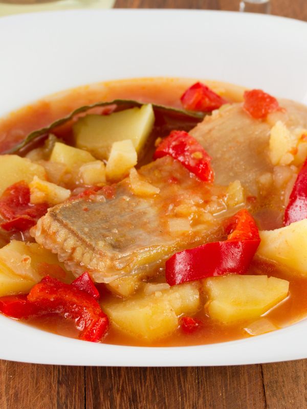 closeup of a plate with spanish fish stew